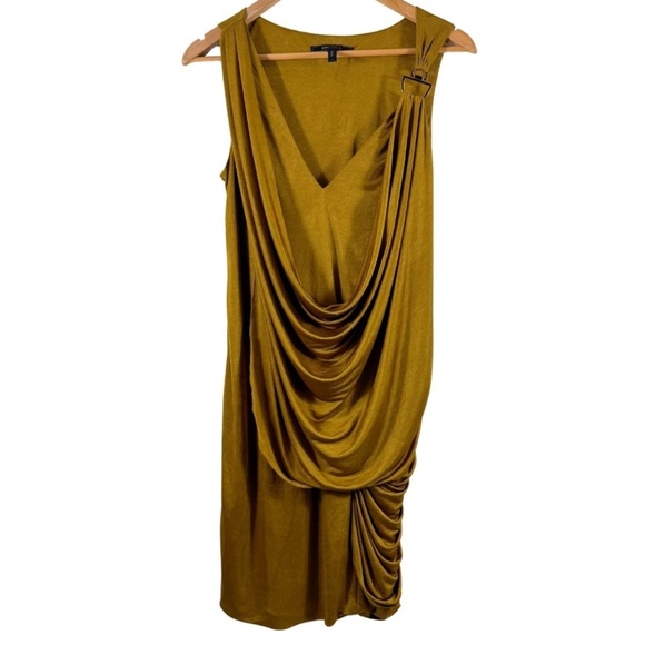 BCBGMAXAZRIA Drape Front Sleeveless Dress with Gold Hardware in Gold Ochre - M - Picture 1 of 9